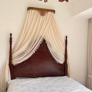 新款中古风床幔蕾丝流苏床头纱幔装饰法式复古米色美式简约带架子