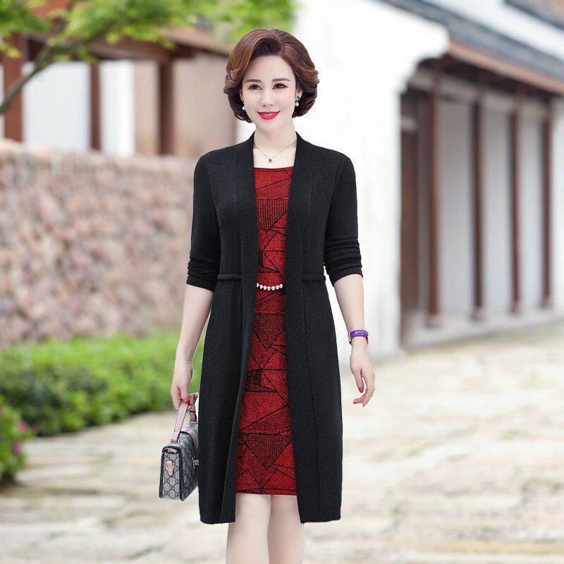 中年妈妈春秋长袖假两件连衣裙中老年女装2025秋装新款裙子