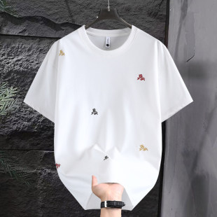 棉白色刺绣短袖t恤潮流宽松男款夏季圆领休闲百搭男士透气上衣服