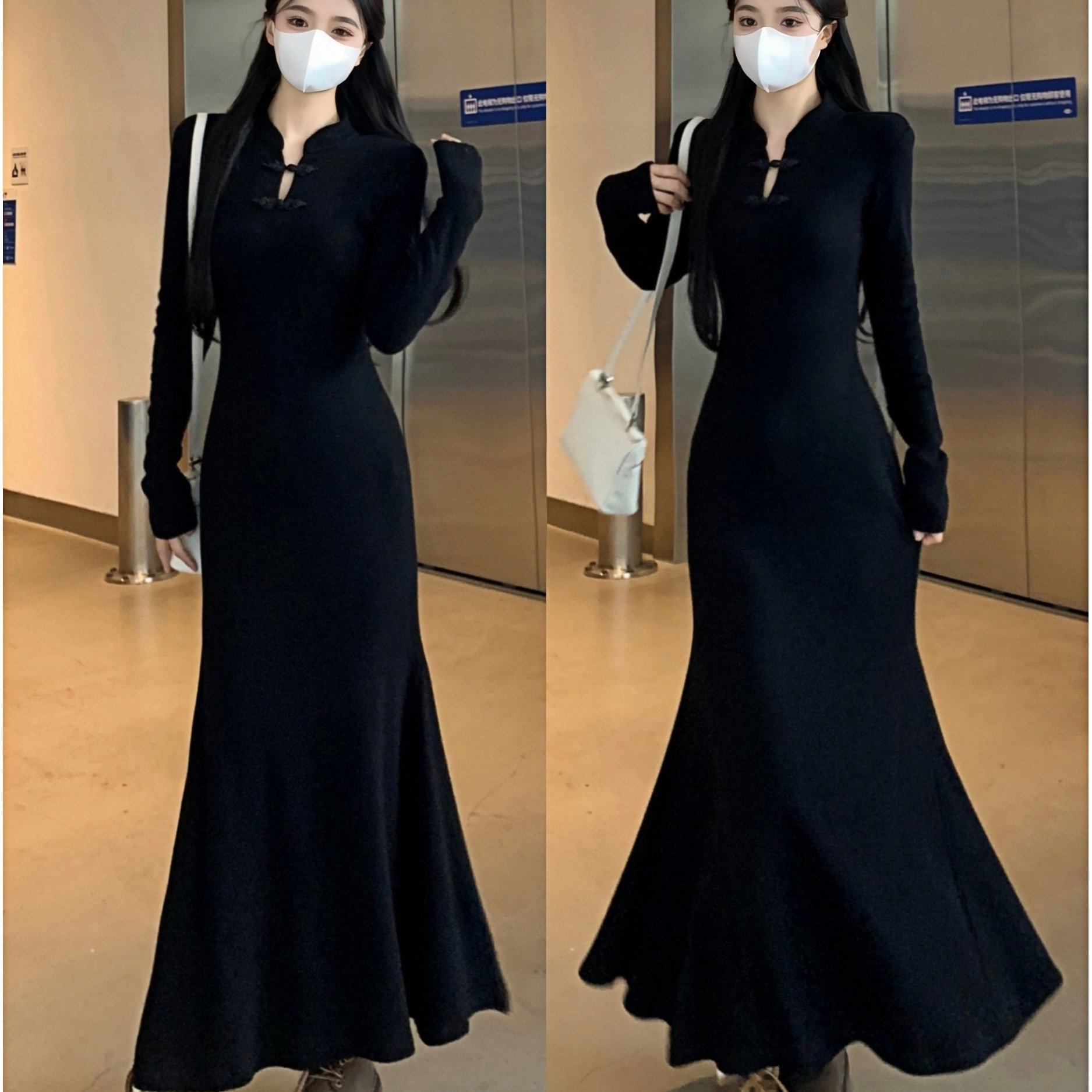 实拍~ 复古国风新中式盘扣黑色针织连衣裙2025新款秋冬高级鱼尾裙