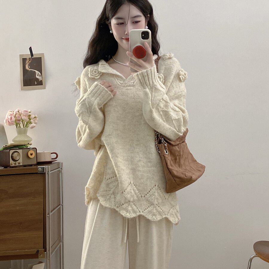 实拍 大码百搭设计感立体花朵镂空针织套头毛衣上衣女