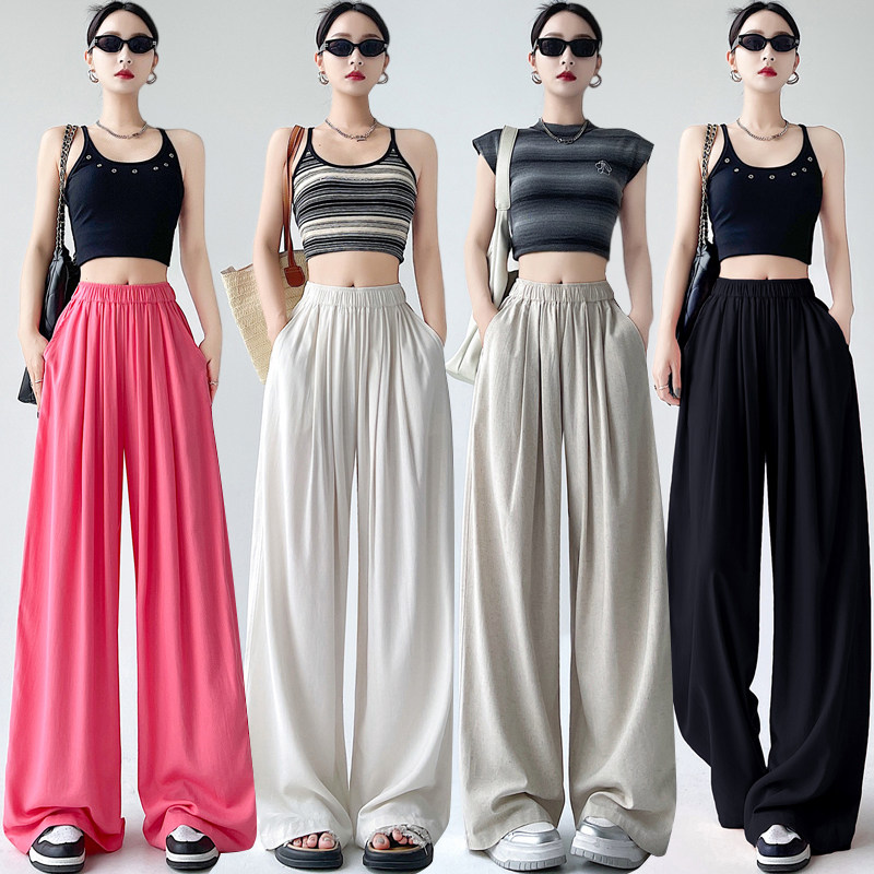 实拍卡其阔腿裤子女夏季垂感宽松慵懒风新中式亚麻冰丝休闲山本裤