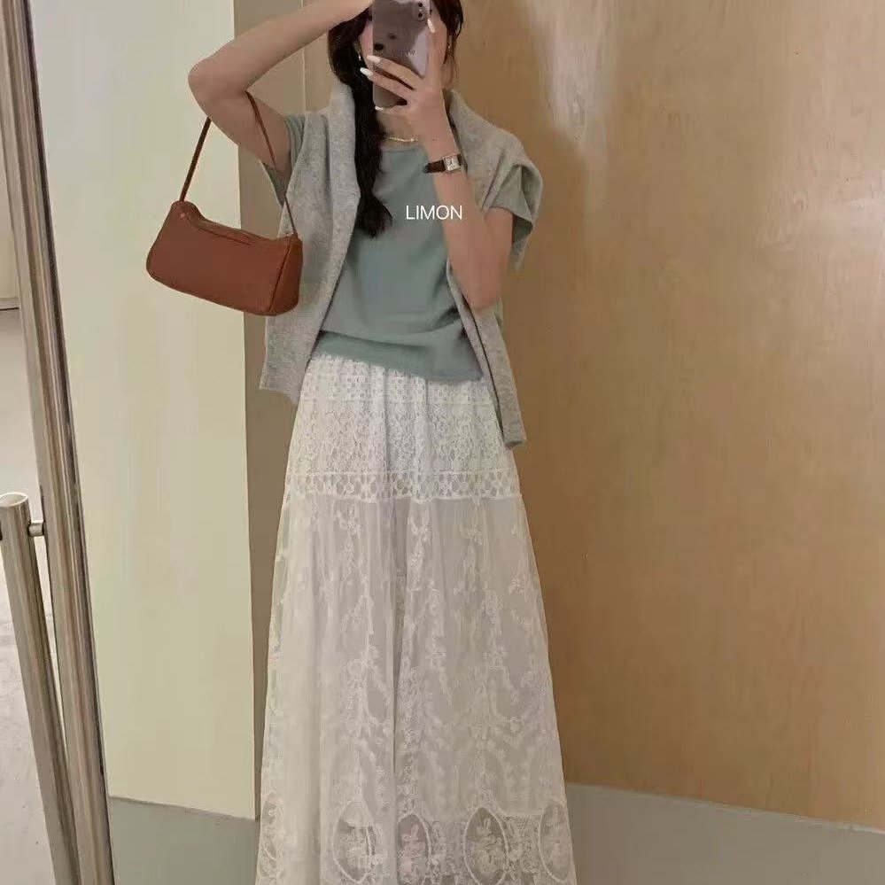 松弛感蕾丝韩版春夏新款慵懒风A型半身裙复古设计感白色半裙女