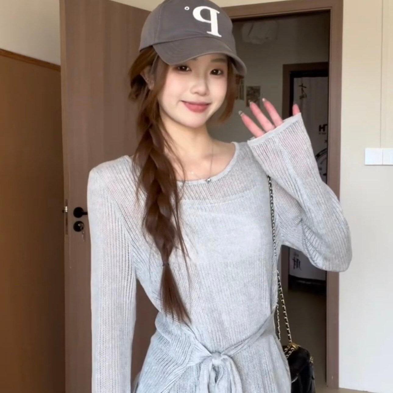 法式镂空绑带长袖针织衫女早春装2025新款收腰洋气高级感罩衫上衣