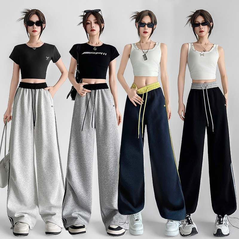 美式复古三条杠撞色阔腿弯刀裤子女2025春夏设计感宽松运动卫裤