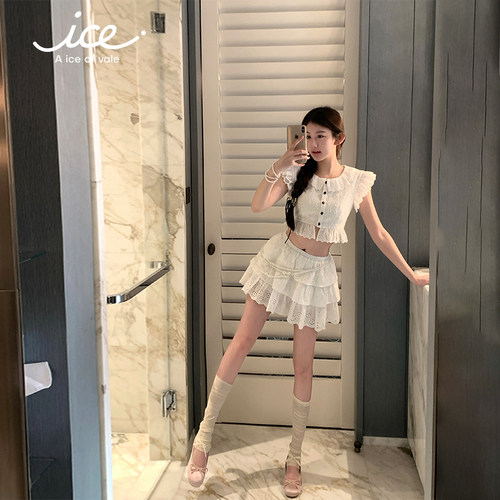 A ice of vale 千奈凉子 白色短款小衫蛋糕半裙女春季甜美套装裙