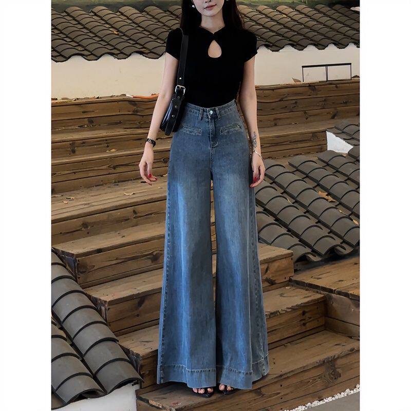 韩版高腰设计感超阔腿牛仔裤女春秋宽松休闲显瘦辣妹气质拖地长裤