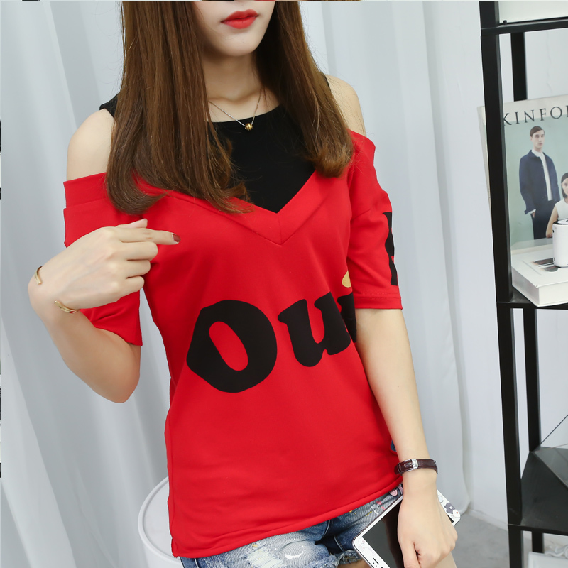 大码漏肩上衣 胖mm2024夏装新品藏肉假两件套胖妹妹短袖露肩t恤女