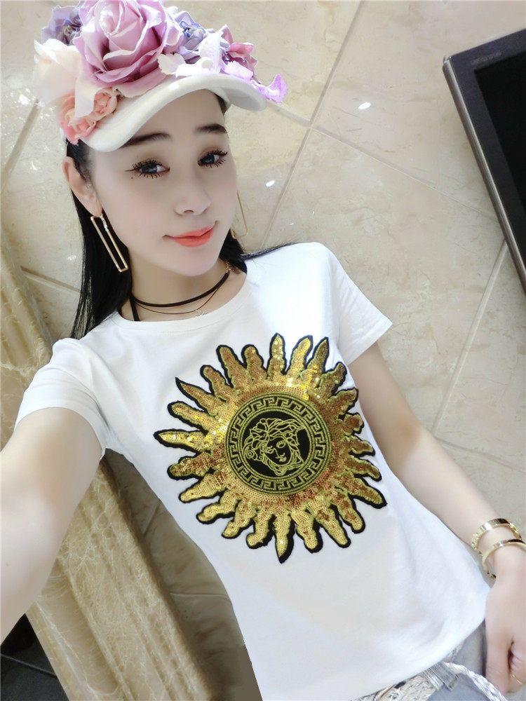 胖妹妹夏装女宽松大码藏肉胖mm太阳花亮片刺绣短袖t恤女绣花上衣