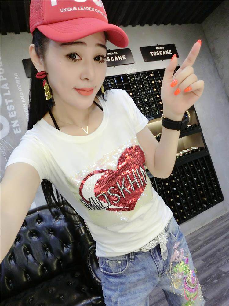 胖妹妹短袖t恤女2024夏装大码微胖MM爱心亮片刺绣纯棉体恤200斤潮