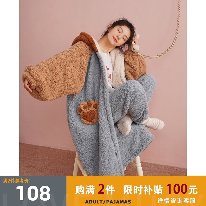 秋冬季睡袍珊瑚绒情侣睡衣女 中长款加厚加绒可爱学生法兰绒浴袍