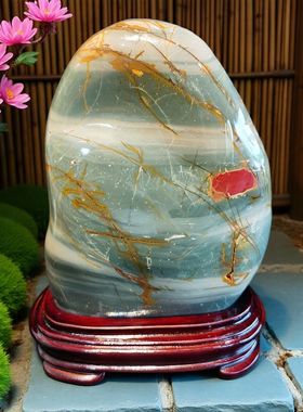 QH5广东韶关乳源彩石蓝绿色石头打磨成家居办公室画面石桌面摆件