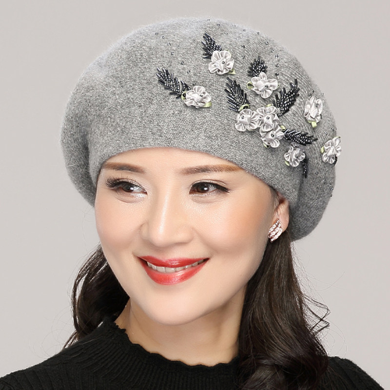 秋冬妈妈兔毛线贝雷帽老太太帽子