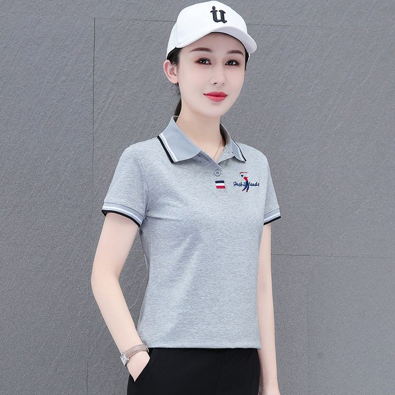 夏季新款2025纯棉短袖t恤女翻领Polo衫洋气时尚休闲运动半袖上衣