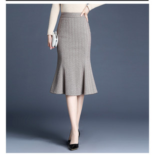 2025秋冬半身裙遮胯显瘦包臀裙人字纹高腰鱼尾裙冬保暖A裙中长裙