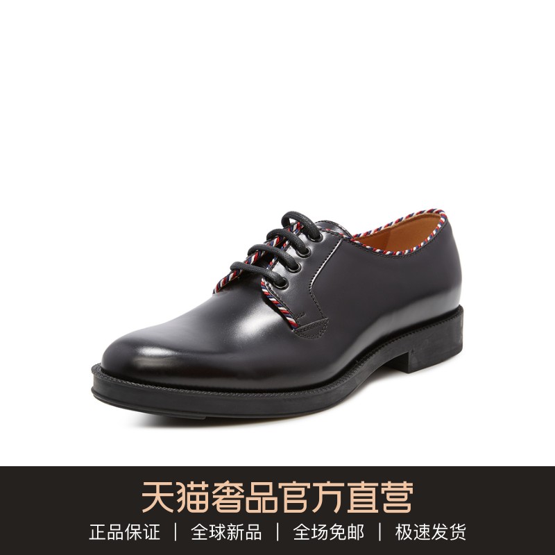 GUCCI/古驰 19春夏黑色牛皮圆头编织纹拼接系带百搭男士休闲皮鞋