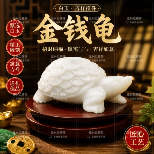 天然白玉金钱龟招财镇宅摆件