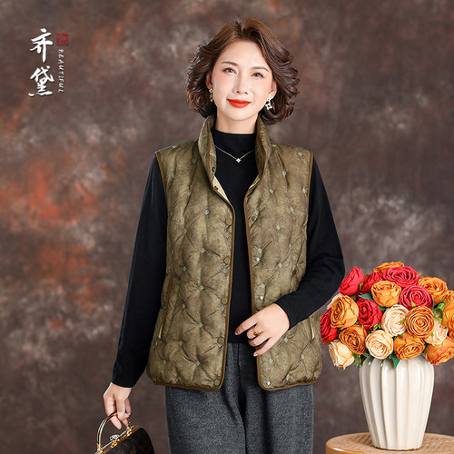 齐黛高端品牌妈妈羽绒服马甲女外穿2025冬季新款复古洋气90绒外套