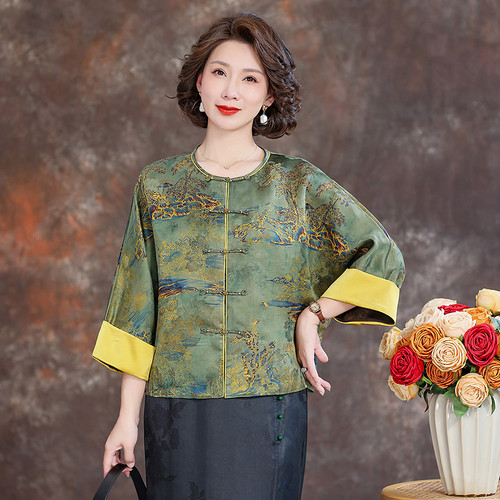 齐黛品牌香云纱新中式国风唐装上衣洋气2025新款长袖妈妈真丝外套