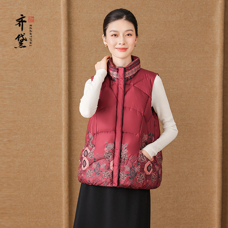 齐黛妈妈羽绒服冬装2025新款马甲背心加厚印花保暖百搭御寒短外套