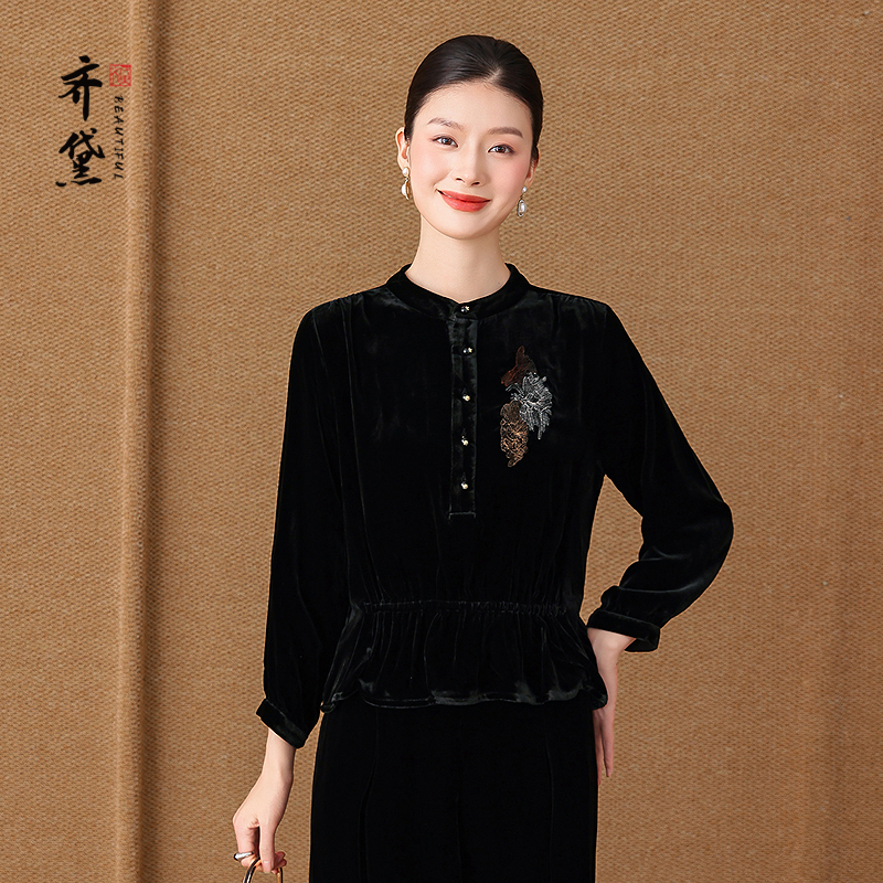 齐黛黑色桑蚕丝真丝绒上衣高端品牌2025秋季新款长袖刺绣复古衬衫
