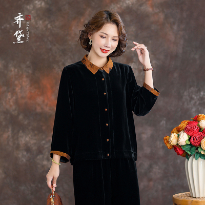 齐黛品牌真丝丝绒新款高端上衣2025秋季新款撞色妈妈装桑蚕丝衬衫