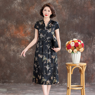 齊黛品牌桑蠶絲連衣裙女2025夏季 端莊氣質顯瘦媽媽真絲A字裙 新款