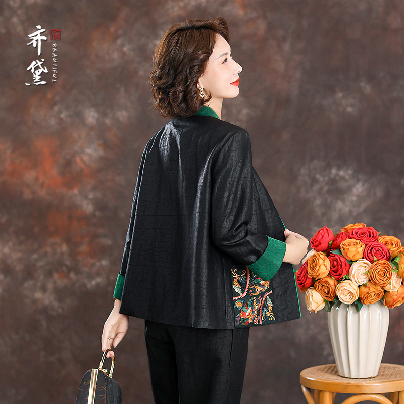 齐黛品牌龟纹香云纱刺绣上衣女2025秋新款长袖气质复古真丝外套