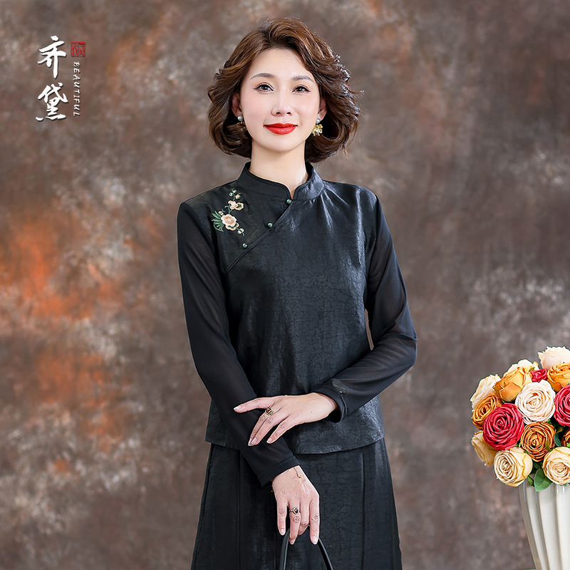 新中式真丝香云纱拼接上衣春秋新款妈妈装国风立领高端桑蚕丝小衫