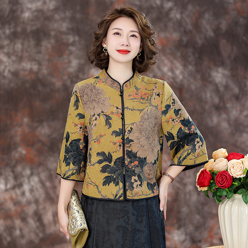 高端香云纱上衣女2025春夏新款印花立领桑蚕丝真丝妈妈新中式外套