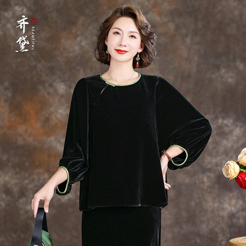 黑色真丝丝绒上衣女2025新款宽松长袖新中式妈妈桑蚕丝衬衣小衫