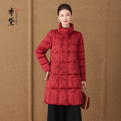 齐黛红色妈妈羽绒服女中长款2025冬季新款加厚御寒喜婆婆婚礼外套