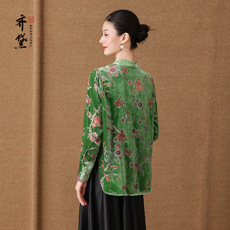 齐黛高端品牌真丝绒上衣女2025秋季新款长袖正品减龄桑蚕丝衬衫