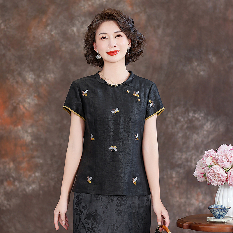 齐黛品牌香云纱新中式上衣女2025春夏新款圆领妈妈装小衫真丝衬衫