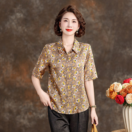 杭州品牌真丝衬衫女2025新款短袖翻领新中式印花桑蚕丝衬衣妈妈装