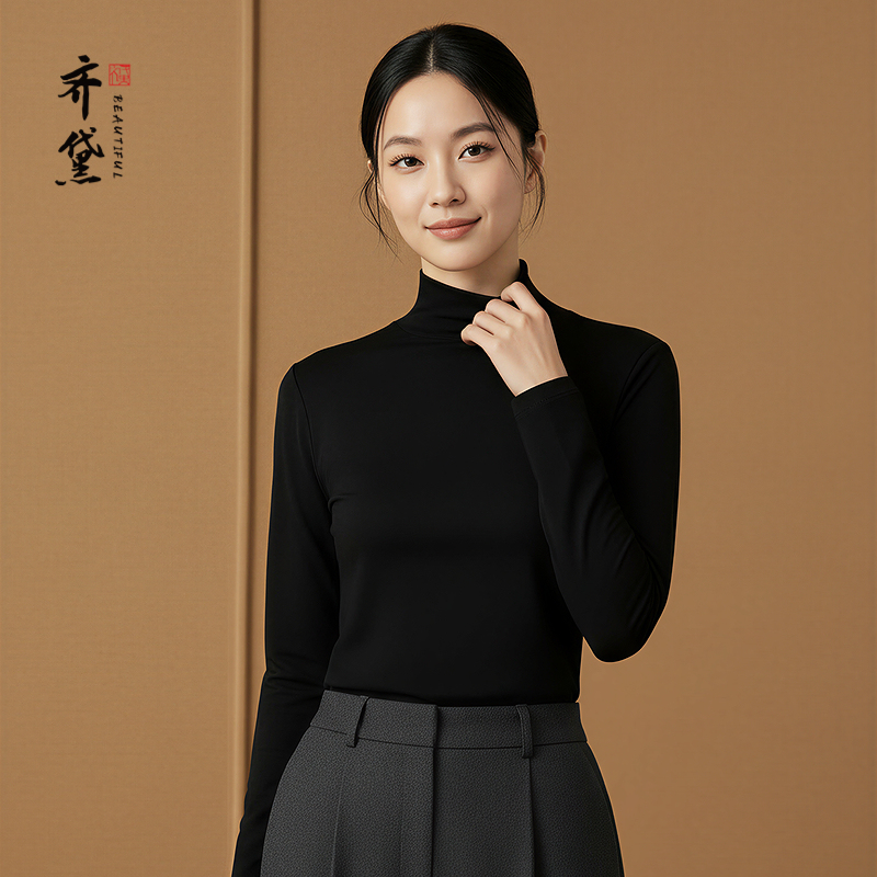 纯羊毛打底衫羊毛衫女秋冬装妈妈毛衣半高领中年女士黑色内搭上衣