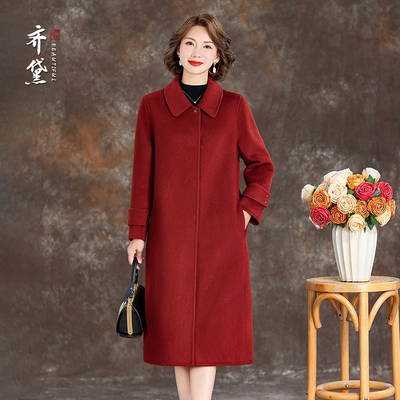 红色双面羊毛大衣女秋冬呢子休闲百搭宽松加厚妈妈中长款毛呢外套