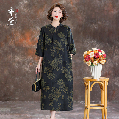 齐黛桑蚕丝香云纱连衣裙女2025新款中式复古宽松大码妈妈真丝袍子