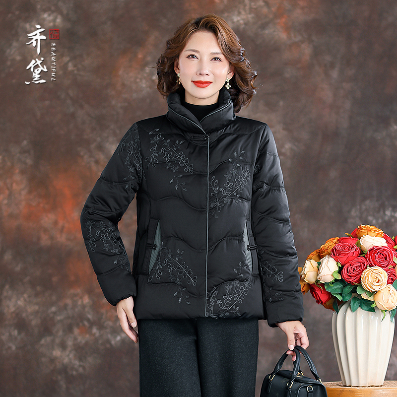 齐黛中年妈妈羽绒服女2025冬季加厚保暖面包服洋气刺绣复古短外套