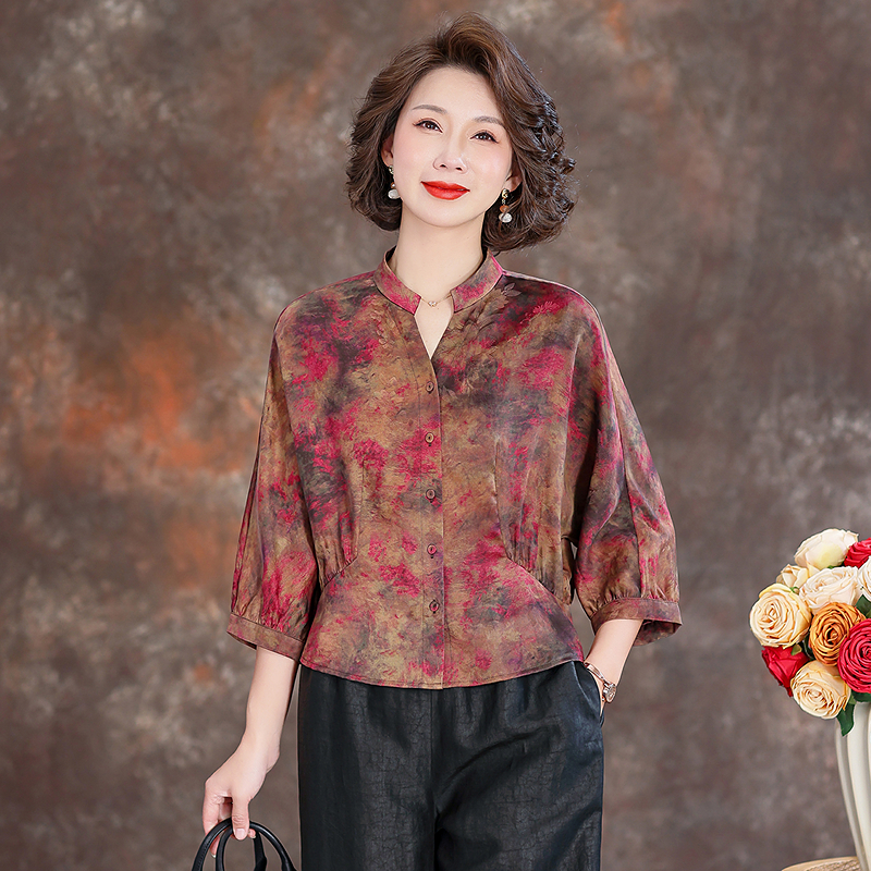 齐黛品牌香云纱上衣女2025春夏新款立领印花气质百搭妈妈真丝衬衫