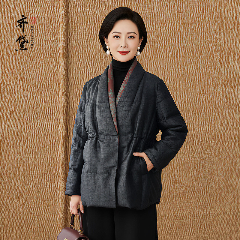 黑色龟纹香云纱鹅绒服阔太太高端品牌女装2025新款加厚保暖羽绒服