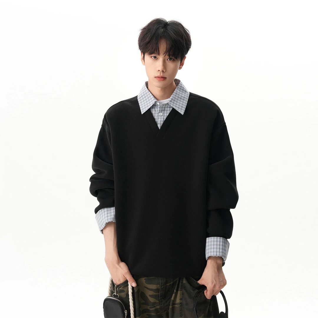 美式重磅假两件翻领卫衣男女潮牌秋冬拼接Polo衫长袖百搭情侣外套