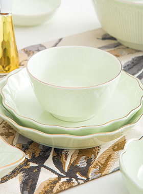 雅诚德荷塘月色炫彩艺佳陶瓷餐具超市同款家用饭碗高档金边菜盘子