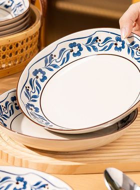 复古陶瓷盘子家用菜盘2025新款釉下彩8寸菜盘日式深盘高级感碟子
