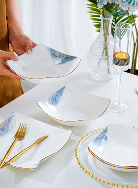 4个装家用纯白色骨瓷盘子7-8英寸创意方汤盘菜盘陶瓷餐具方盘餐盘