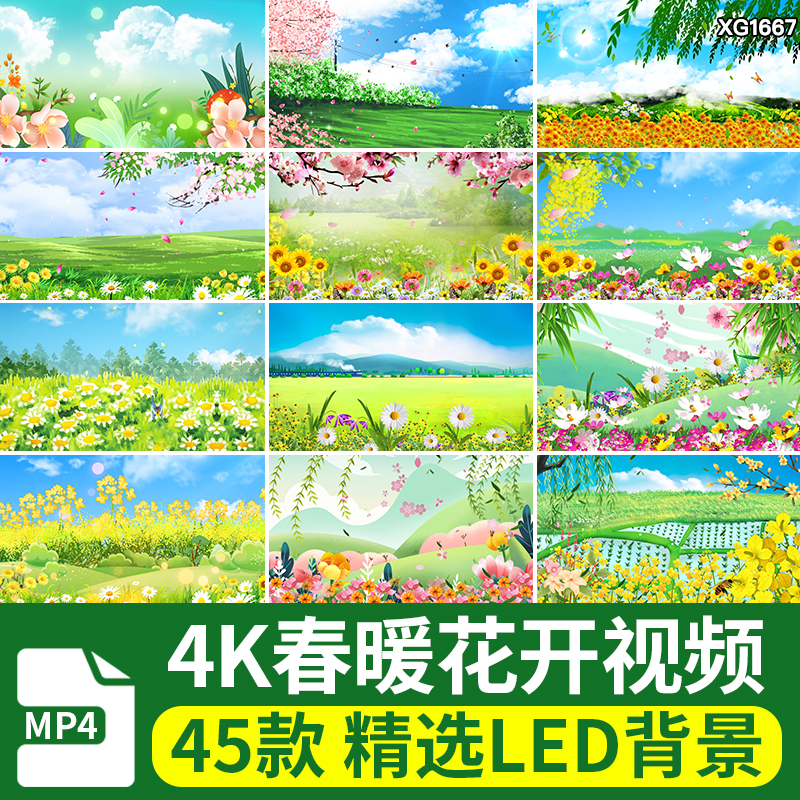 4K唯美清新春天春暖花开卡通花海花草中国风动态舞台背景视频素材