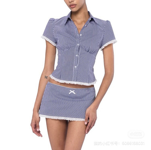 学院风格纹短袖衬衫女夏季