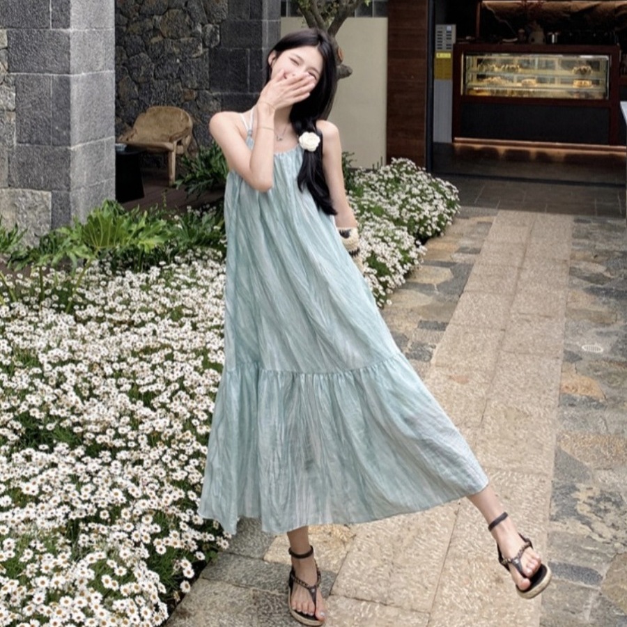 度假长裙套头高腰宽松扎染纯色女