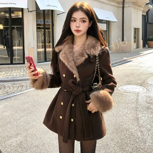 画解WAHJU古着秀场千金氛围感系带收腰双排扣毛呢外套0038W