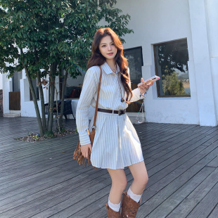 韓系小個(gè)子 長(zhǎng)袖 條紋襯衫 連裙女2025春夏新款 氣質(zhì)收腰顯瘦百褶裙